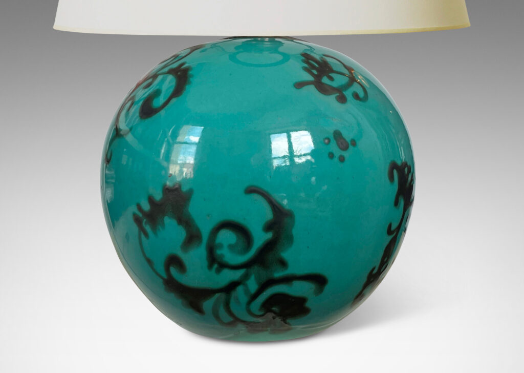 Gallery BAC globe form, glazed in cerulean with floating baroque motifs in gray luster