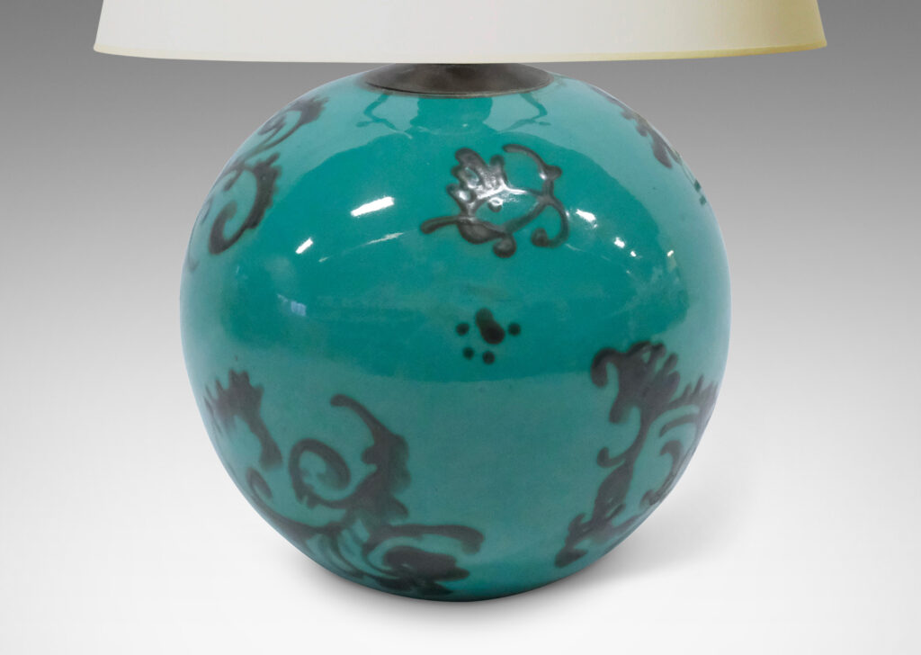 Gallery BAC globe form, glazed in cerulean with floating baroque motifs in gray luster