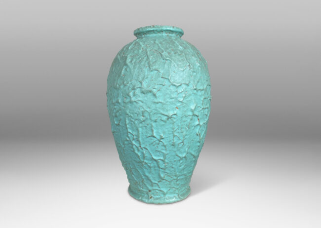 Gallery BAC tapered form with rustic surface texture in a bright celadon glaze;