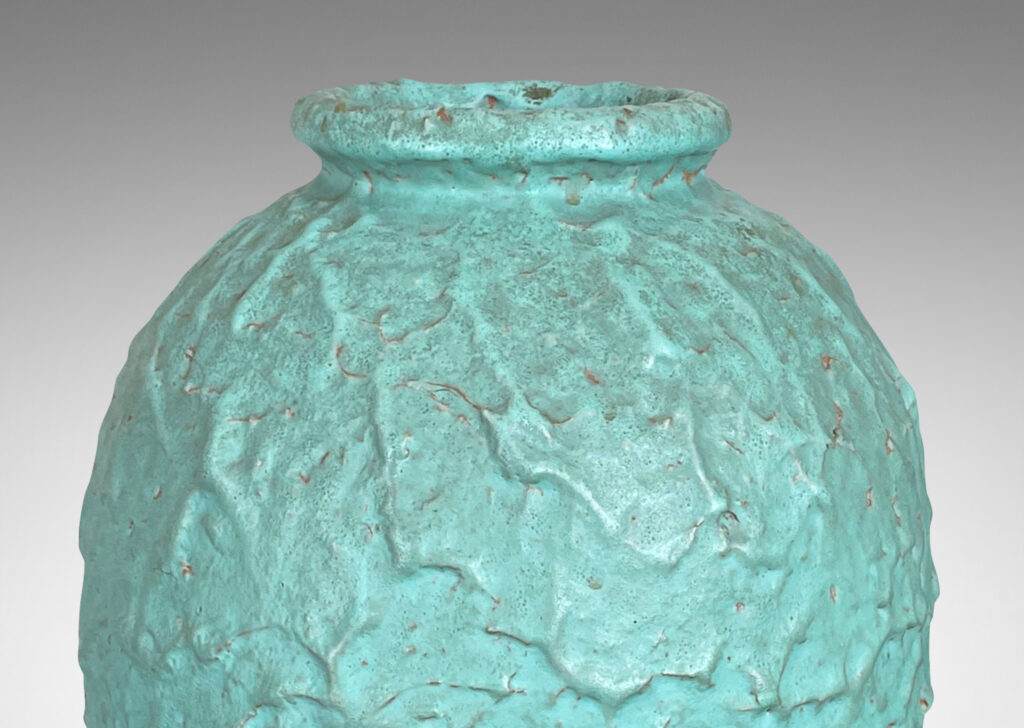 Gallery BAC tapered form with rustic surface texture in a bright celadon glaze;