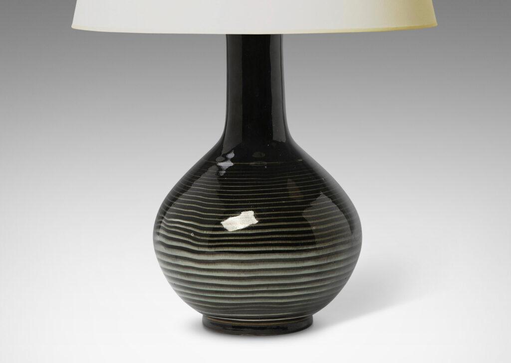 Gallery BAC decanter-style form with low globe form and tall neck, in black with pale mint-gray turned pinstripes