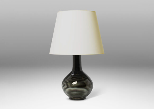 Gallery BAC decanter-style form with low globe form and tall neck, in black with pale mint-gray turned pinstripes