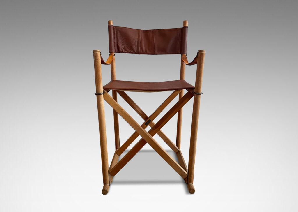 Gallery BAC wooden frame with strap seat and back and ring fittings; beech, leather and brass