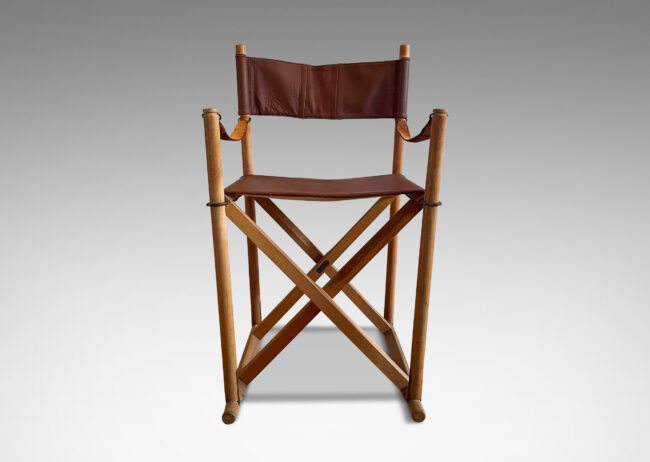 Gallery BAC wooden frame with strap seat and back and ring fittings; beech, leather and brass