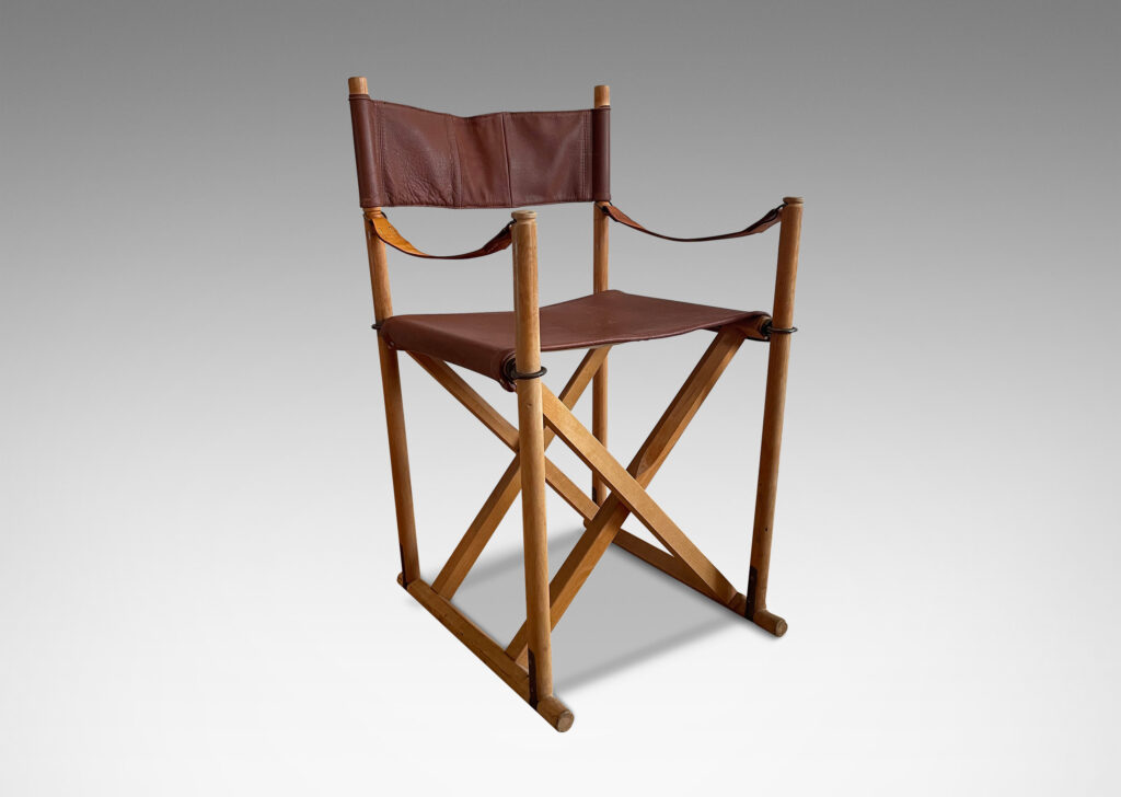 Gallery BAC wooden frame with strap seat and back and ring fittings; beech, leather and brass