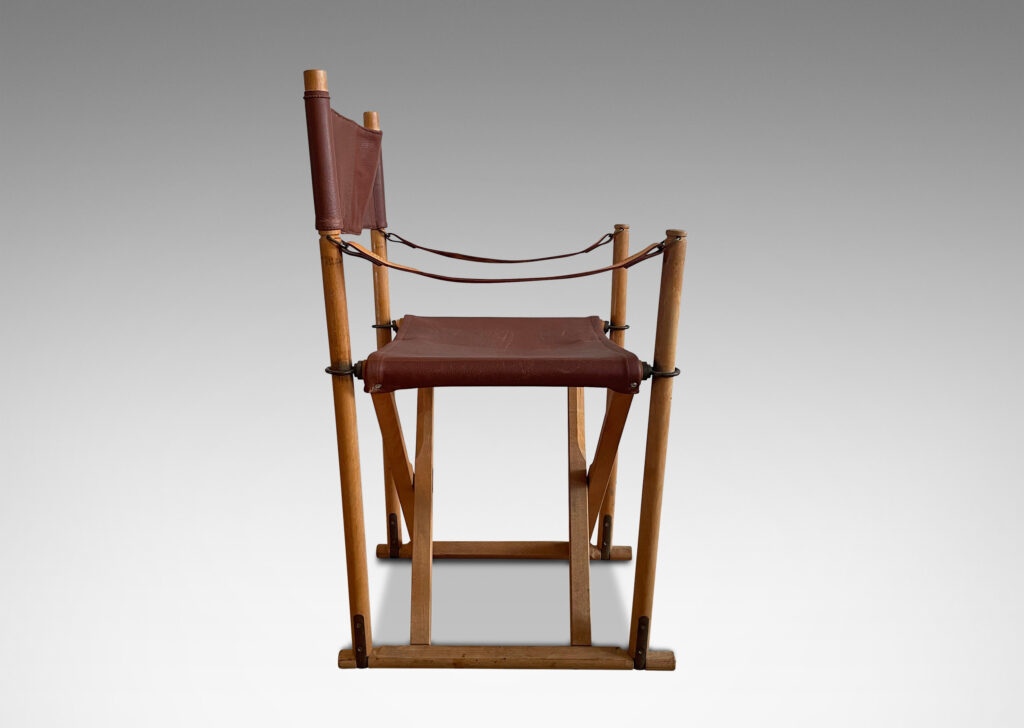 Gallery BAC wooden frame with strap seat and back and ring fittings; beech, leather and brass