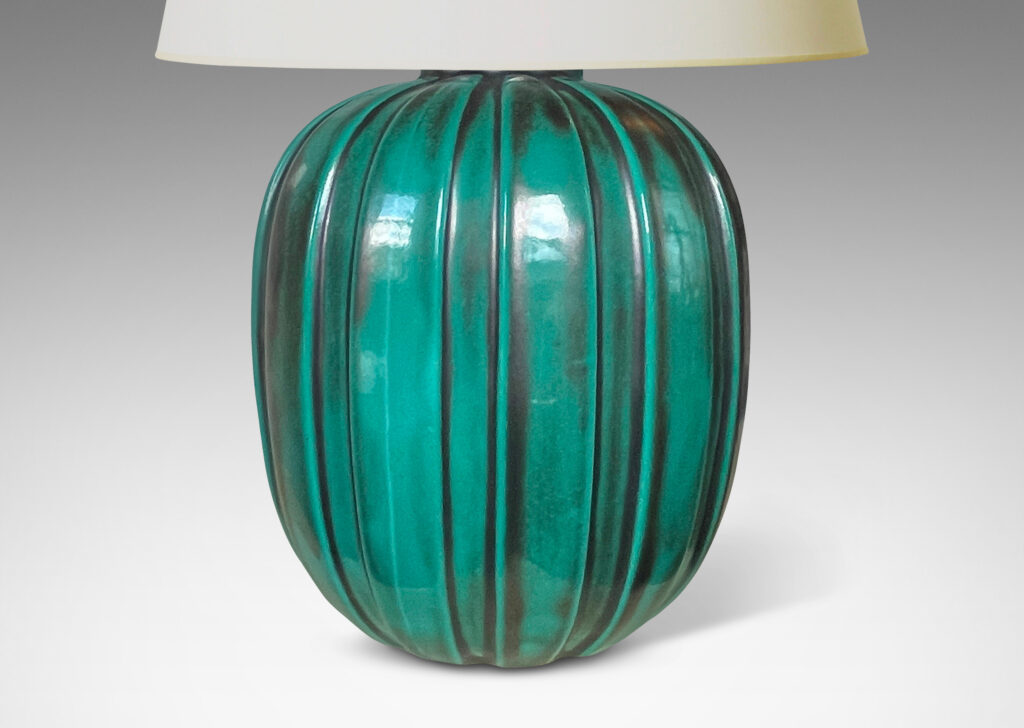 Gallery BAC luted ovoid forms in a saturated green copper-oxide glaze