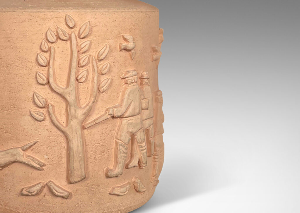 Gallery BAC wide cylindrical form with reliefs depicting outdoorsy scenes, including trees, animals, and sportsmen