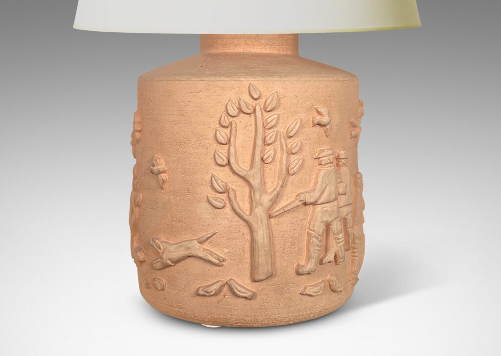 Gallery BAC wide cylindrical form with reliefs depicting outdoorsy scenes, including trees, animals, and sportsmen