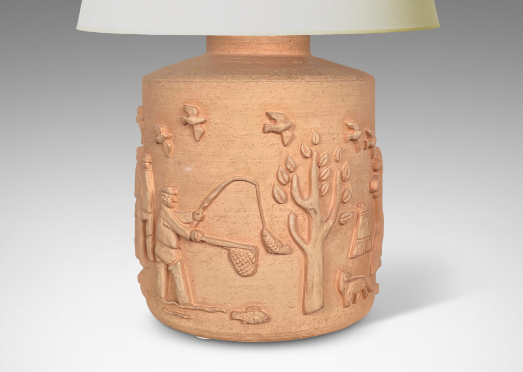 Gallery BAC wide cylindrical form with reliefs depicting outdoorsy scenes, including trees, animals, and sportsmen