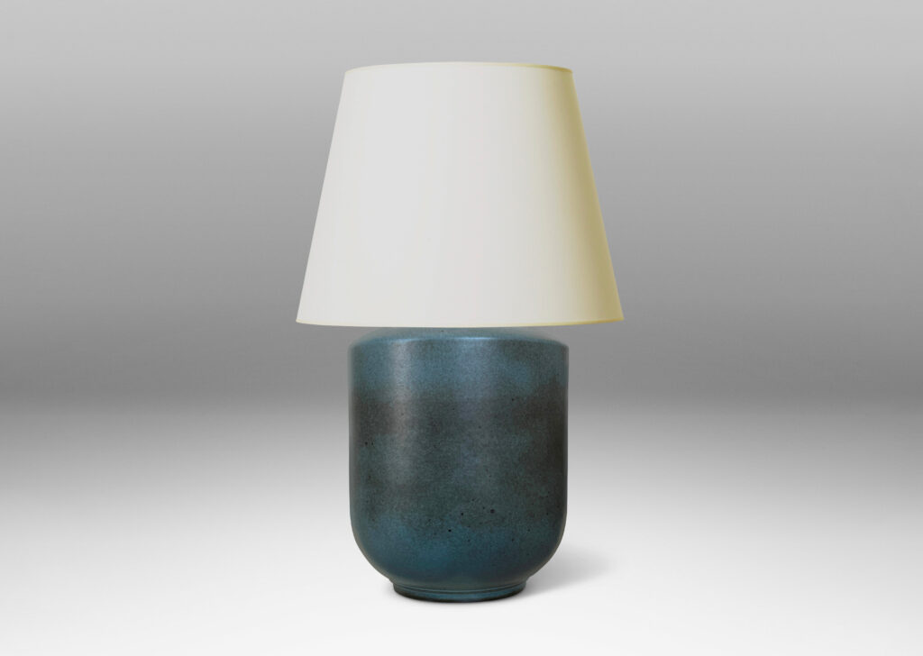 Gallery BAC plump cylindrical form with curved taper at the base, glazed in gray-blue with airy dark gray touches