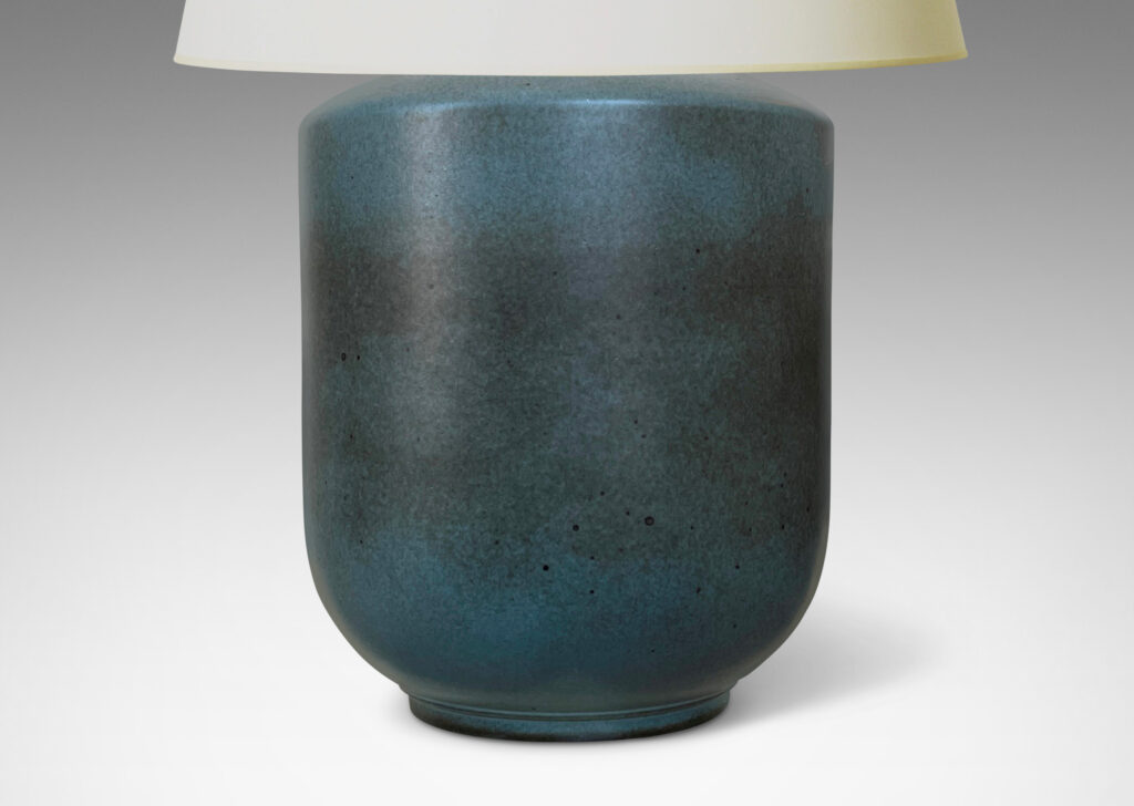 Gallery BAC plump cylindrical form with curved taper at the base, glazed in gray-blue with airy dark gray touches