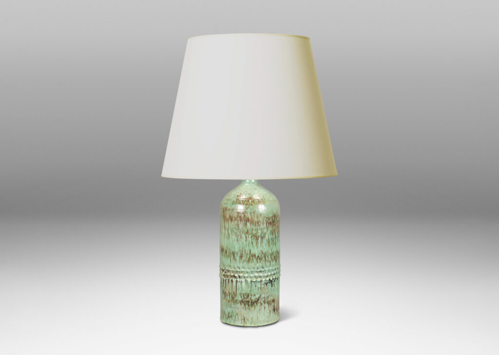 Gallery BAC cylindrical form with carved band detail, glazed in a pale celadon-black