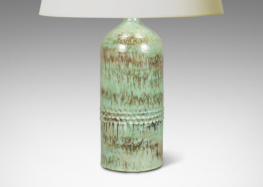 Gallery BAC cylindrical form with carved band detail, glazed in a pale celadon-black