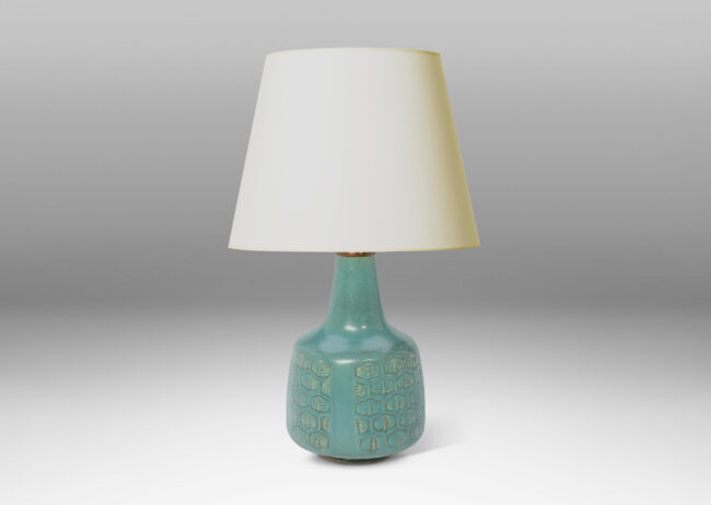 Gallery BAC squared drum form ornamented with hexagonal foliate motifs, and a tall sprouting neck, glazed in turquoise with gray speckles