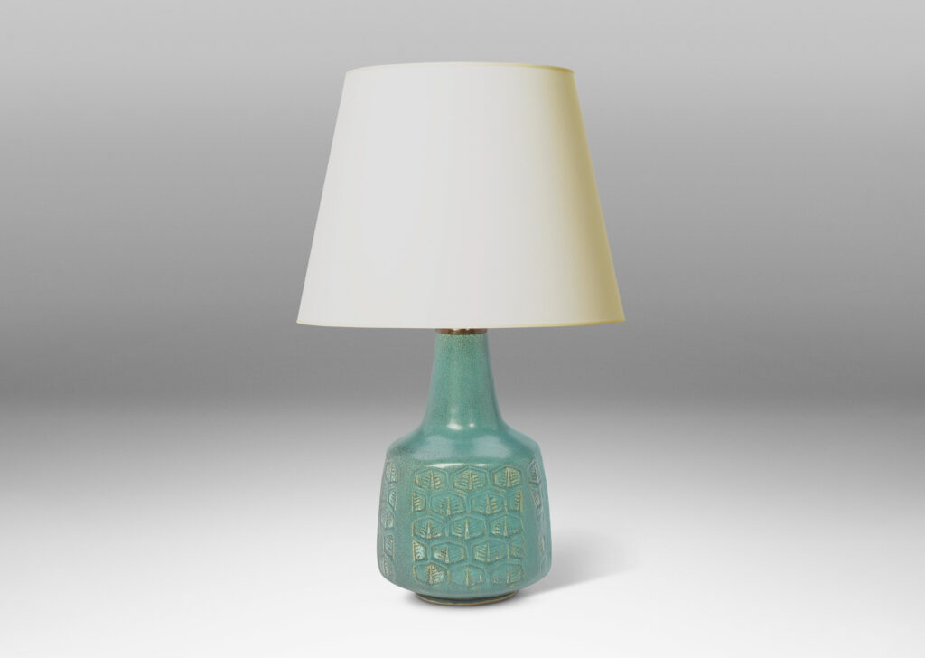 Gallery BAC squared drum form ornamented with hexagonal foliate motifs, and a tall sprouting neck, glazed in turquoise with gray speckles