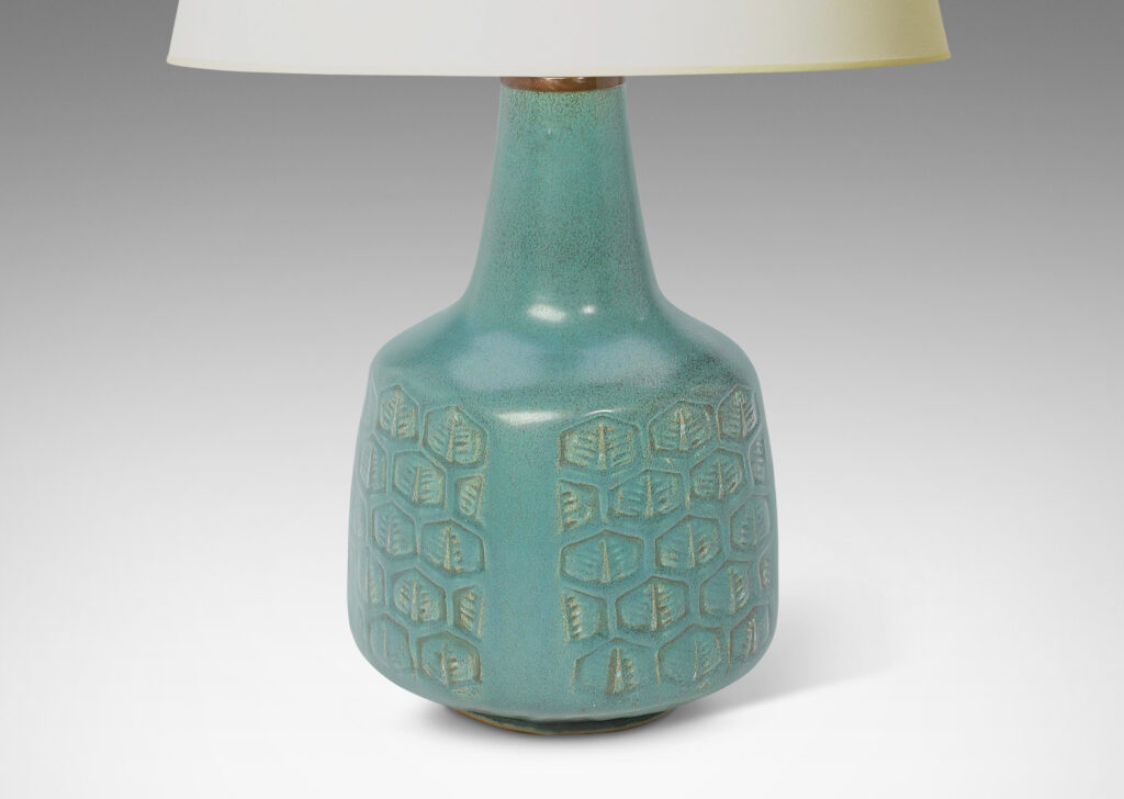 Gallery BAC squared drum form ornamented with hexagonal foliate motifs, and a tall sprouting neck, glazed in turquoise with gray speckles