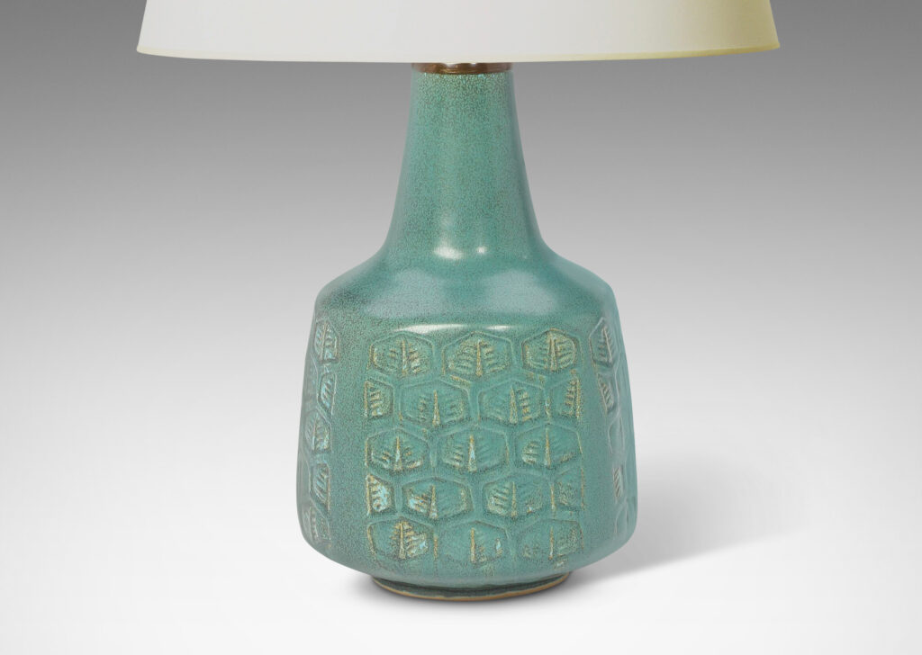 Gallery BAC squared drum form ornamented with hexagonal foliate motifs, and a tall sprouting neck, glazed in turquoise with gray speckles