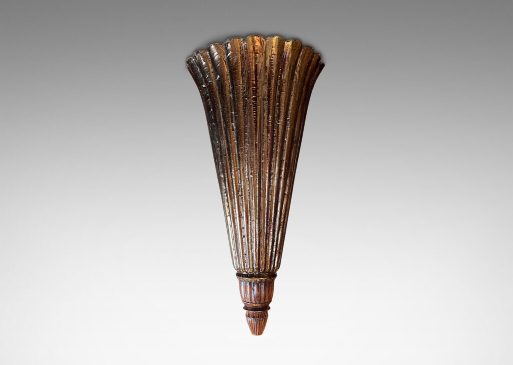 Gallery BAC flaring lobed palmate forms with reeded brackets at bases; hand-crafted in wood with carved details