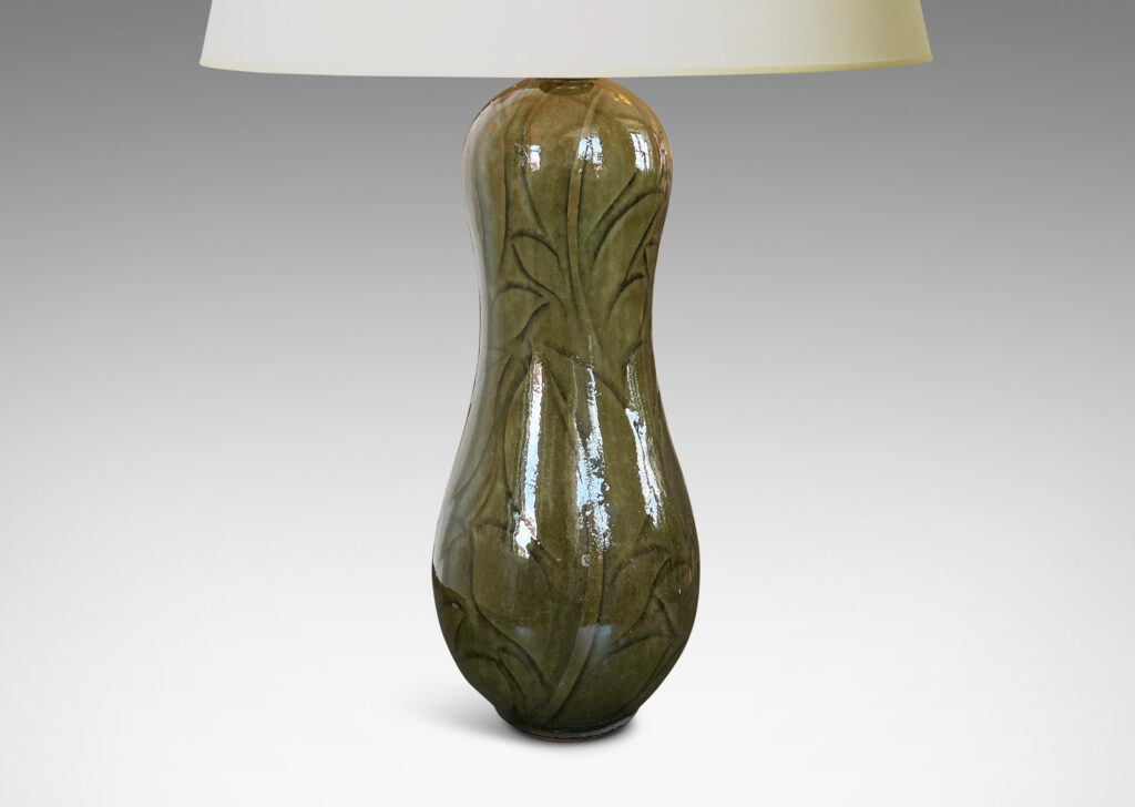 Gallery BAC elongated double gourd form with carved intaglio pattern of lush tropical foliage