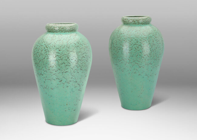 Gallery BAC tall tapered forms, glazed in a bright celadon green