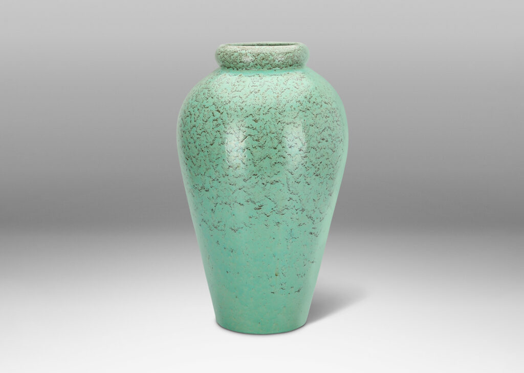 Gallery BAC tall tapered forms, glazed in a bright celadon green