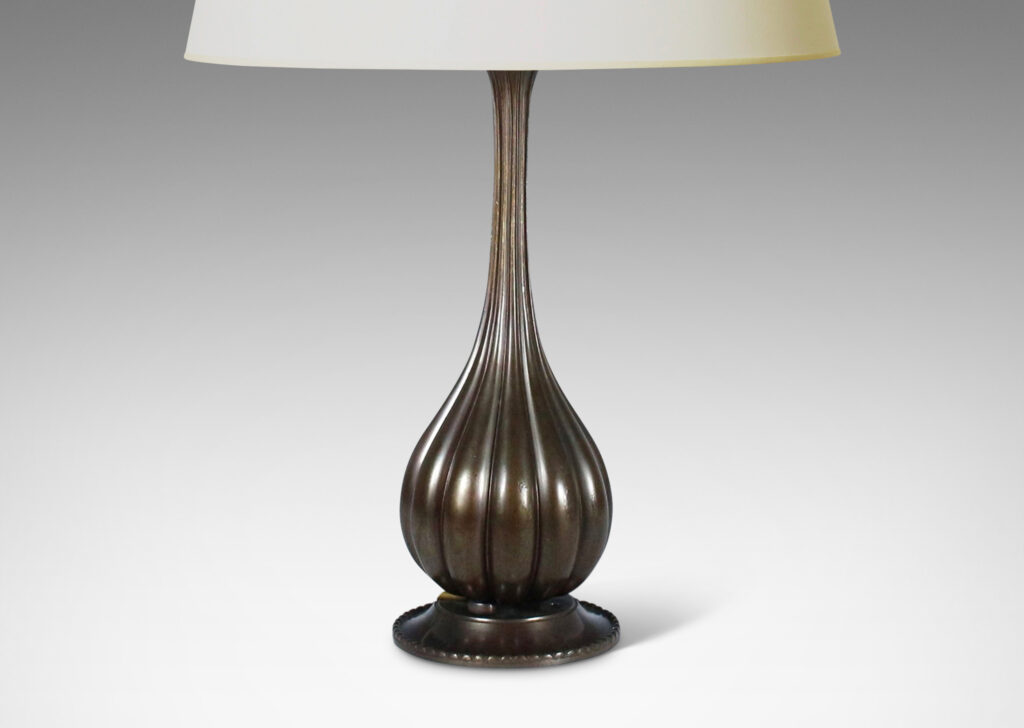 Gallery BAC lobed bulb form with reeded stand and finial and disk base with beaded edge