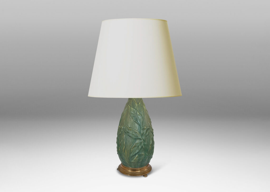 Gallery BAC tall drop form draped in delicate relief foliage glazed a soft green, mounted on a stepped base