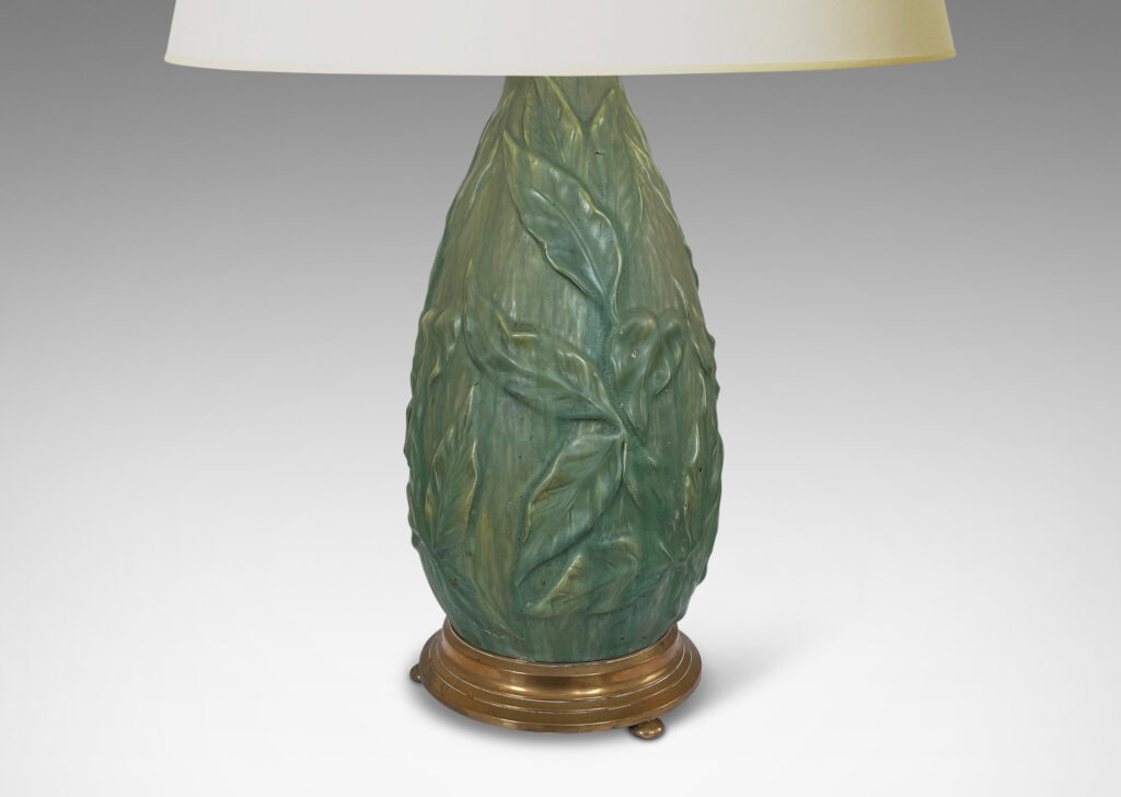 Gallery BAC tall drop form draped in delicate relief foliage glazed a soft green, mounted on a stepped base