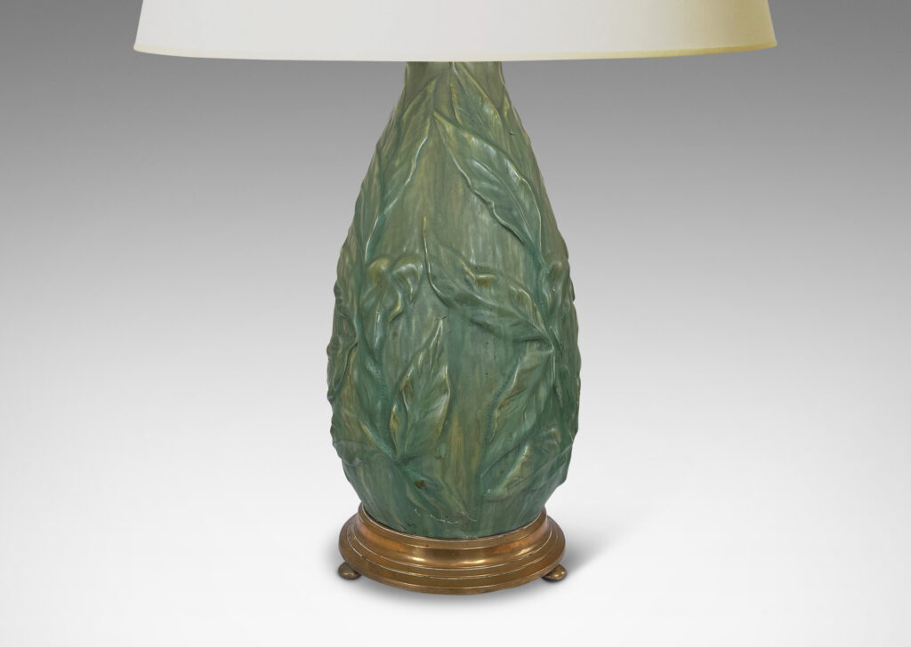 Gallery BAC tall drop form draped in delicate relief foliage glazed a soft green, mounted on a stepped base