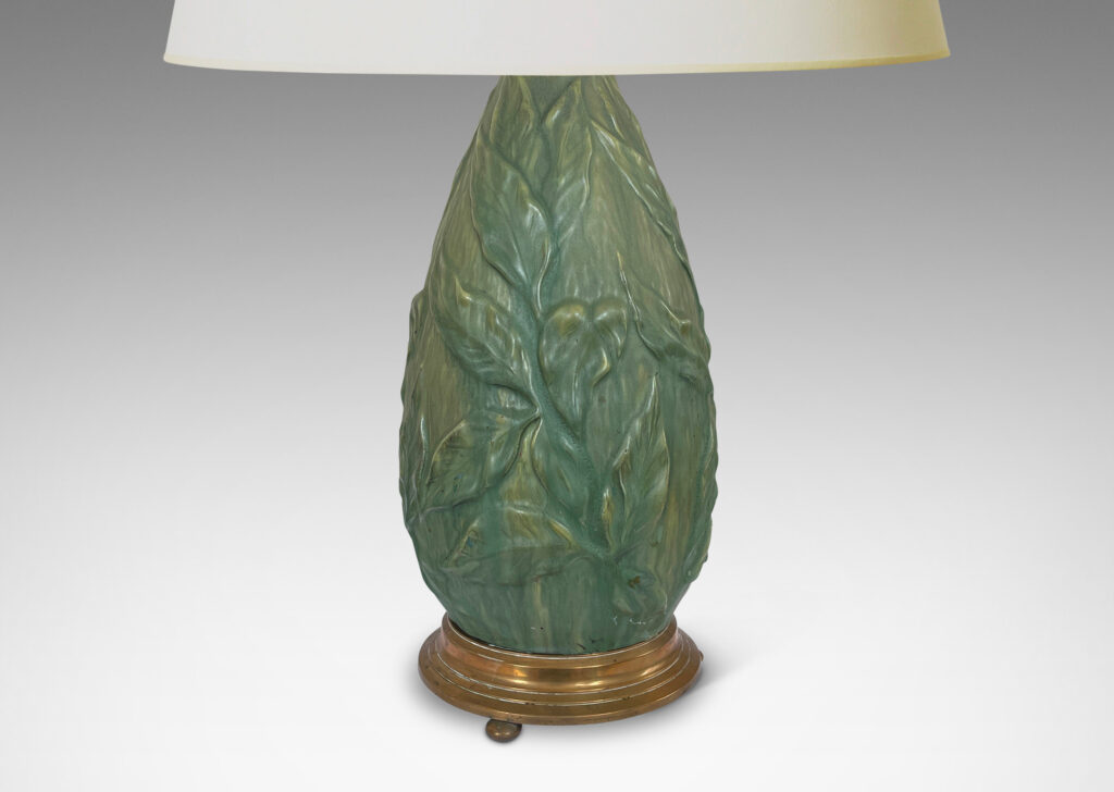 Gallery BAC tall drop form draped in delicate relief foliage glazed a soft green, mounted on a stepped base