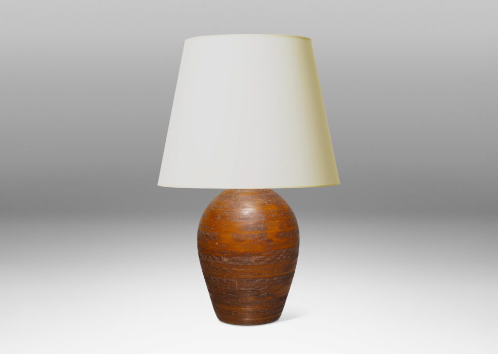 Gallery BAC tall cactus-like tapered ovoid form with carved ridges and a wood brown glaze