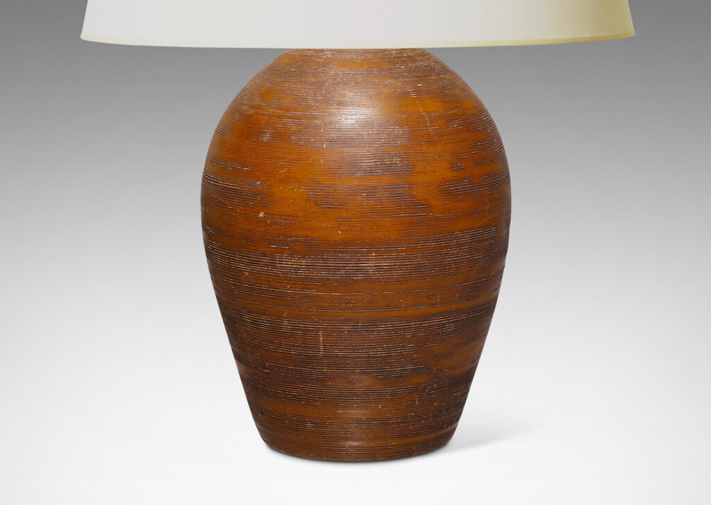 Gallery BAC tall cactus-like tapered ovoid form with carved ridges and a wood brown glaze