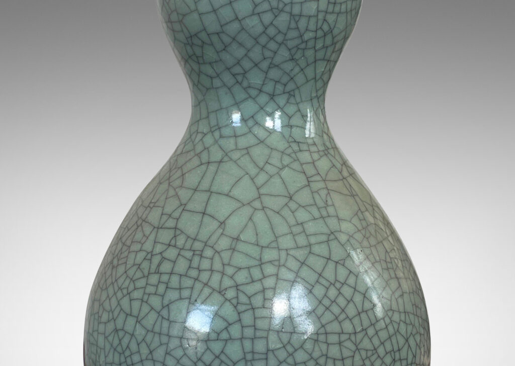 Gallery BAC arge-scale double-gourd form, glazed in a wonderful thick pale blue-celadon craquel