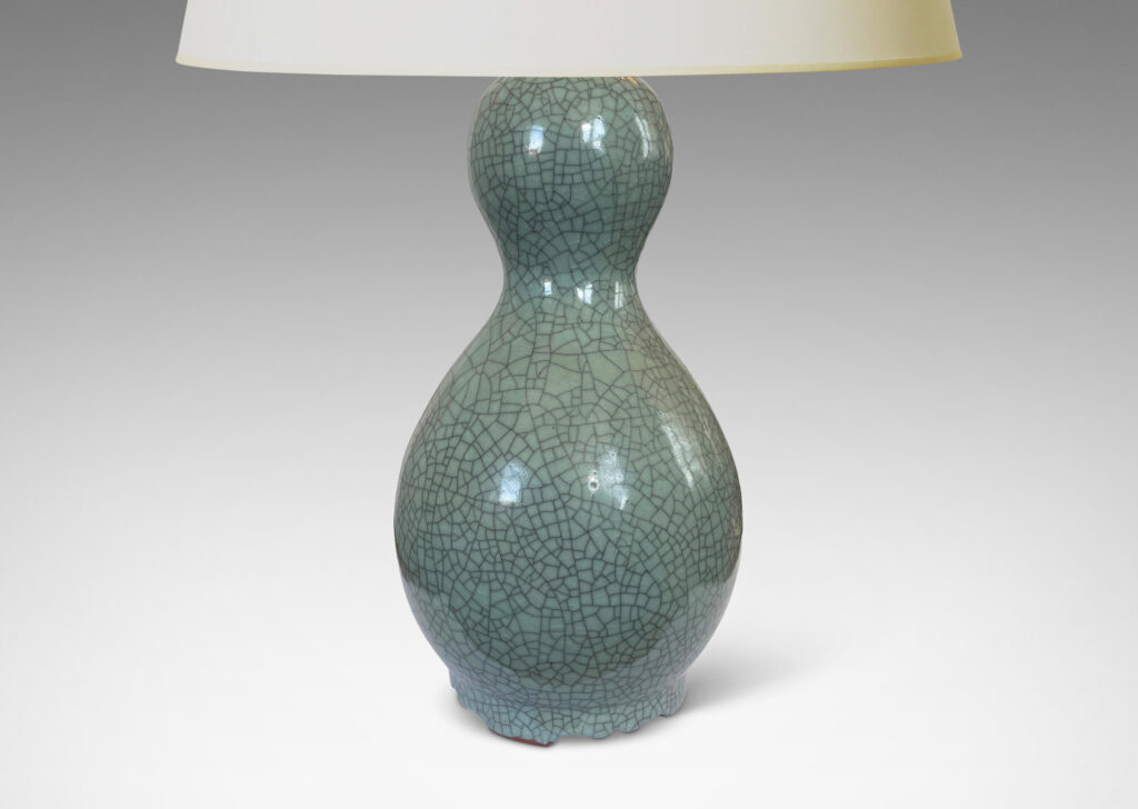 Gallery BAC arge-scale double-gourd form, glazed in a wonderful thick pale blue-celadon craquel