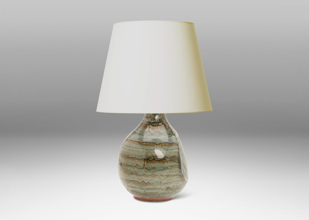 Gallery BAC bulbous form with impressed oval detail, glazed in an atmospheric blue-celadon and black