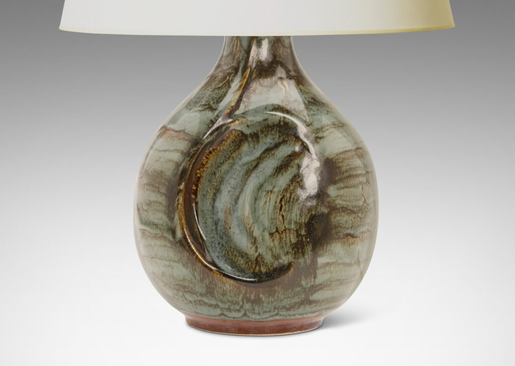 Gallery BAC bulbous form with impressed oval detail, glazed in an atmospheric blue-celadon and black