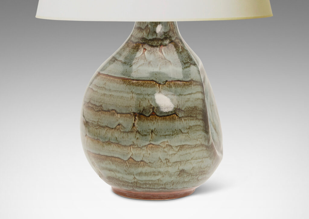 Gallery BAC bulbous form with impressed oval detail, glazed in an atmospheric blue-celadon and black