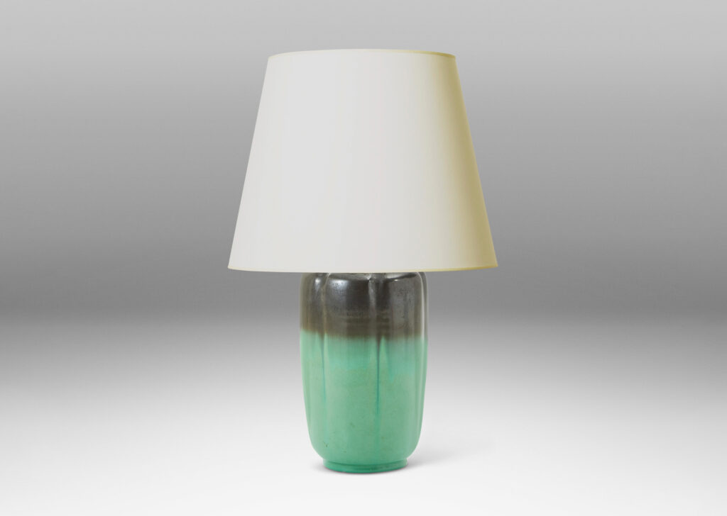 Gallery BAC lobed, slightly tapered form, rather evoking a bell pepper, glazed in a bright celadon with lustrous gunmetal gray