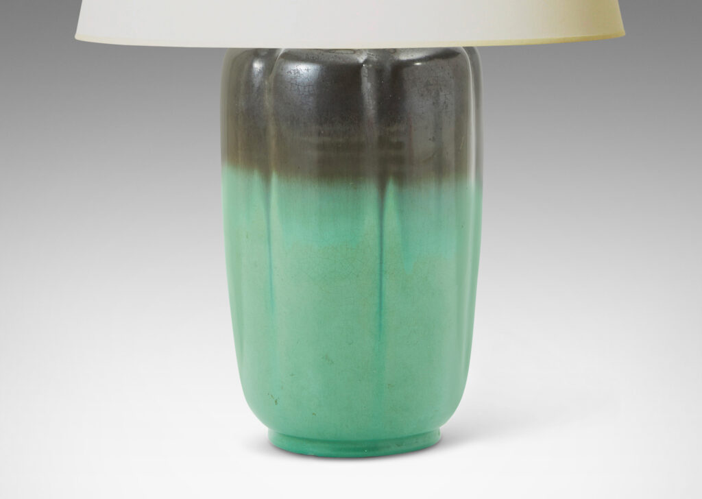 Gallery BAC lobed, slightly tapered form, rather evoking a bell pepper, glazed in a bright celadon with lustrous gunmetal gray