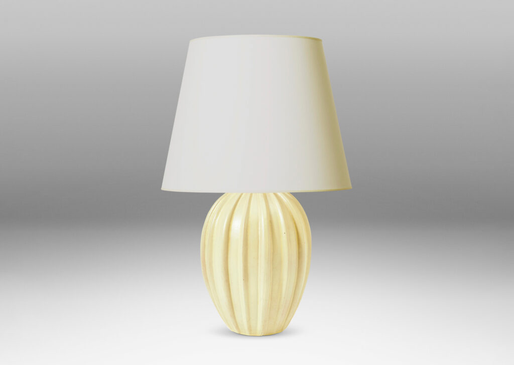 Gallery BAC tapered ovoid form with raised vertical ribs, glazed in a luminous butter yellow