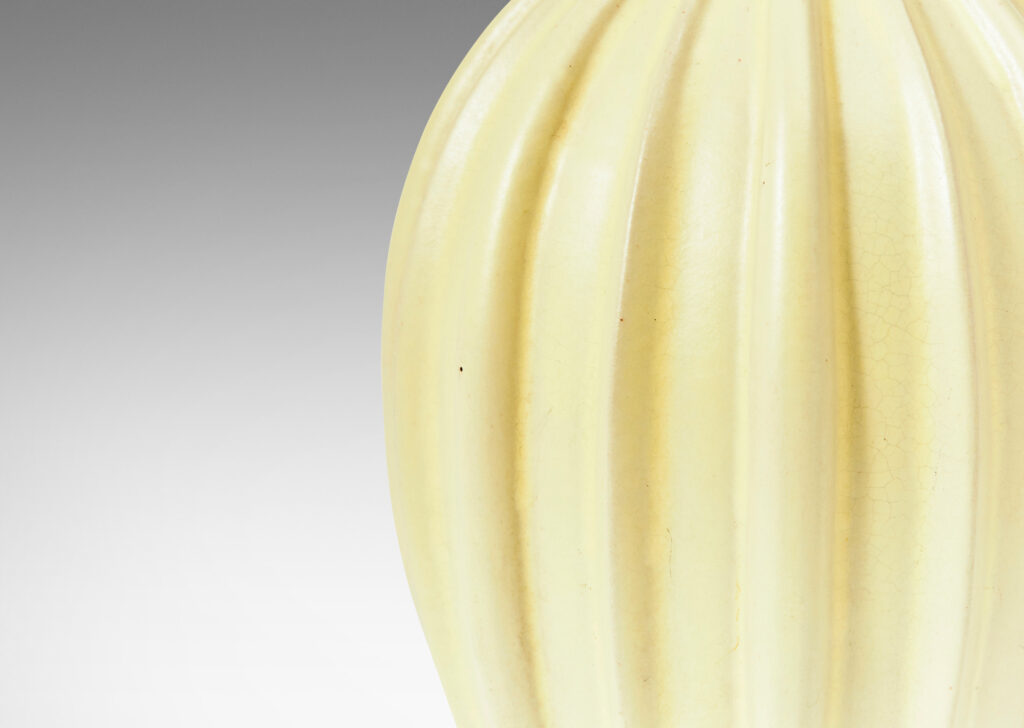 Gallery BAC tapered ovoid form with raised vertical ribs, glazed in a luminous butter yellow