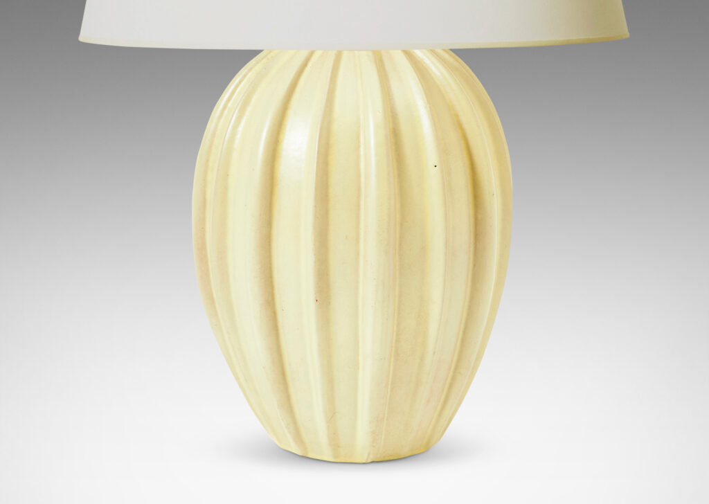 Gallery BAC tapered ovoid form with raised vertical ribs, glazed in a luminous butter yellow