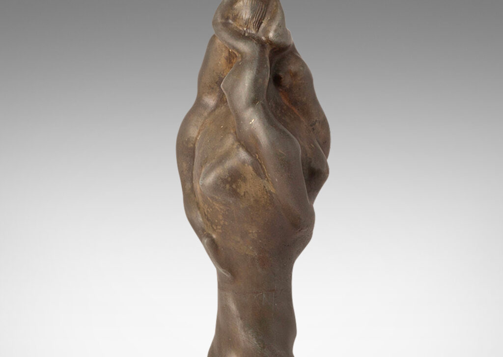 Gallery BAC swirling, torch-like form with engaged female figures; patinated bronze with a wood base