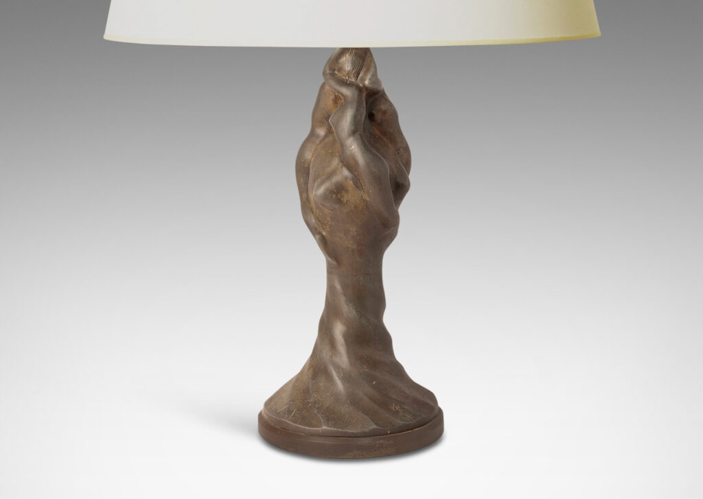 Gallery BAC swirling, torch-like form with engaged female figures; patinated bronze with a wood base