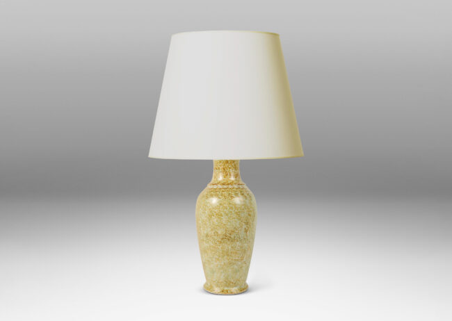 Gallery BAC tall tapered vase form with articulated neck, glazed in a sponged sandy brown over very pale gray