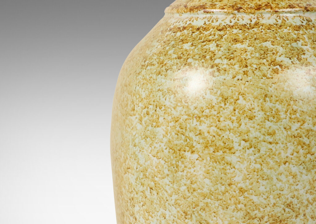 Gallery BAC tall tapered vase form with articulated neck, glazed in a sponged sandy brown over very pale gray