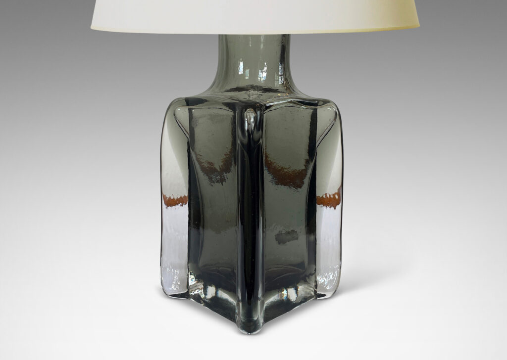 Gallery BAC square bottle forms with corner fins, in hand-blown gray within clear glass