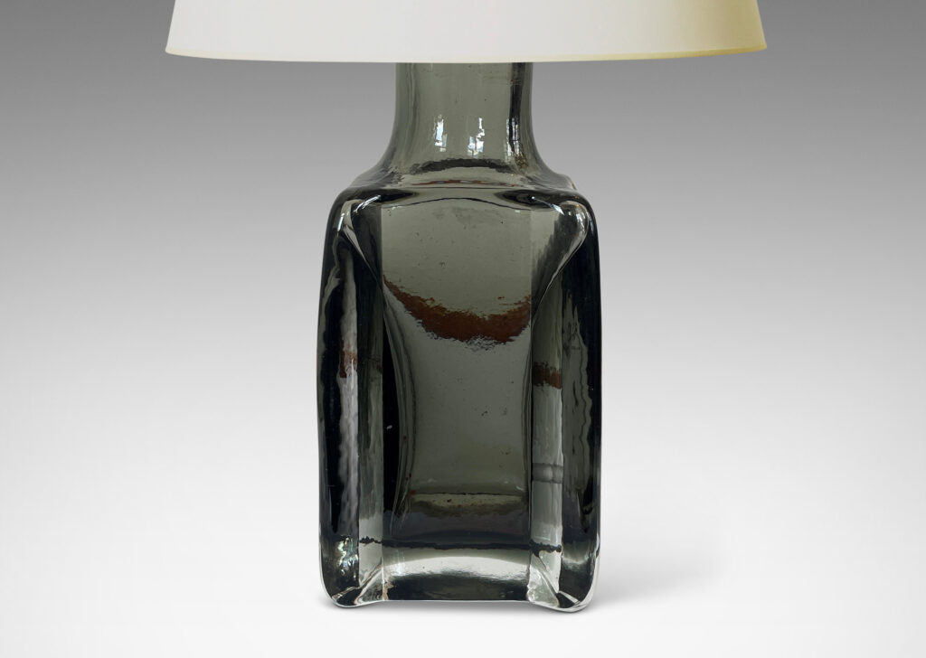 Gallery BAC square bottle forms with corner fins, in hand-blown gray within clear glass