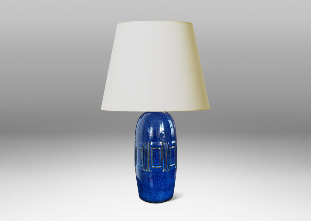 Gallery BAC tall organically modeled form with wide band of carved geometrics, glazed in a richly saturated blue